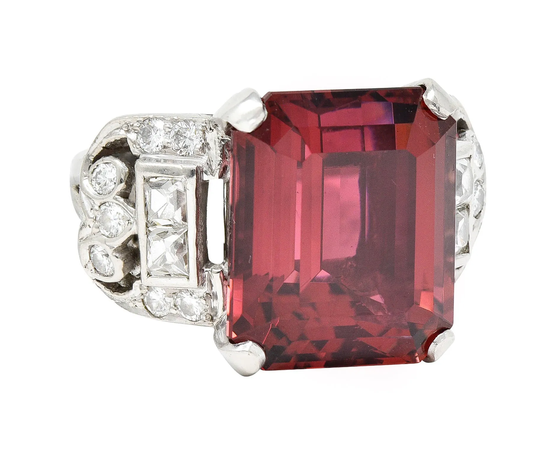 1950's Mid-Century Rubellite Diamond Palladium Cocktail Ring