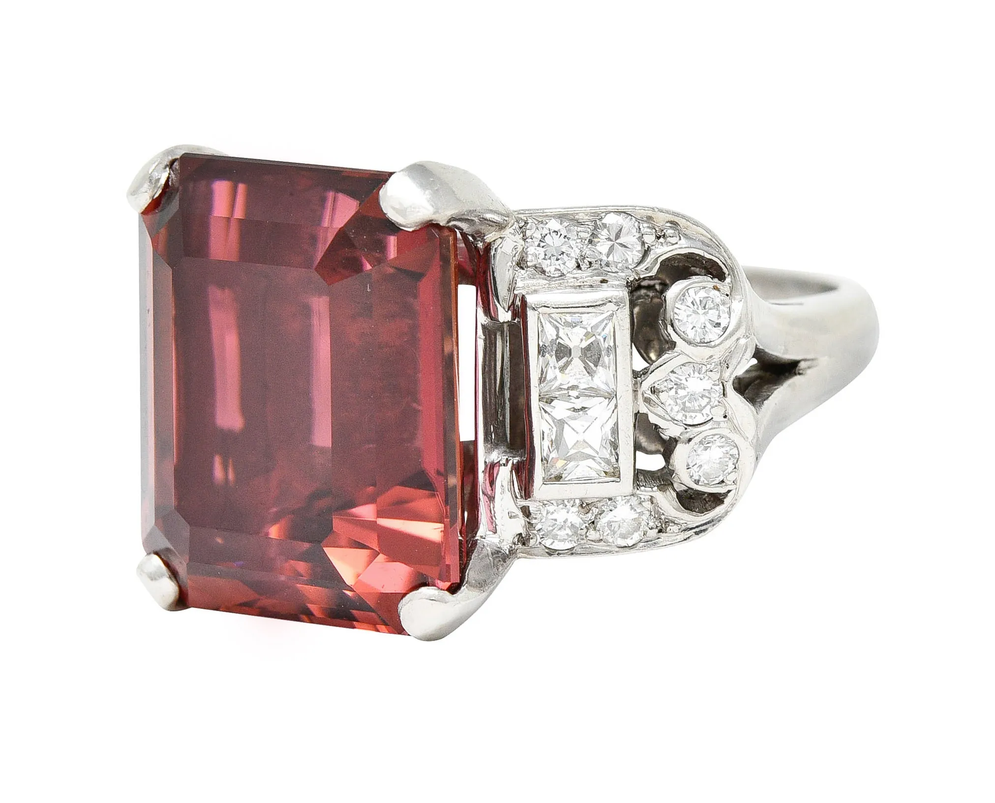 1950's Mid-Century Rubellite Diamond Palladium Cocktail Ring