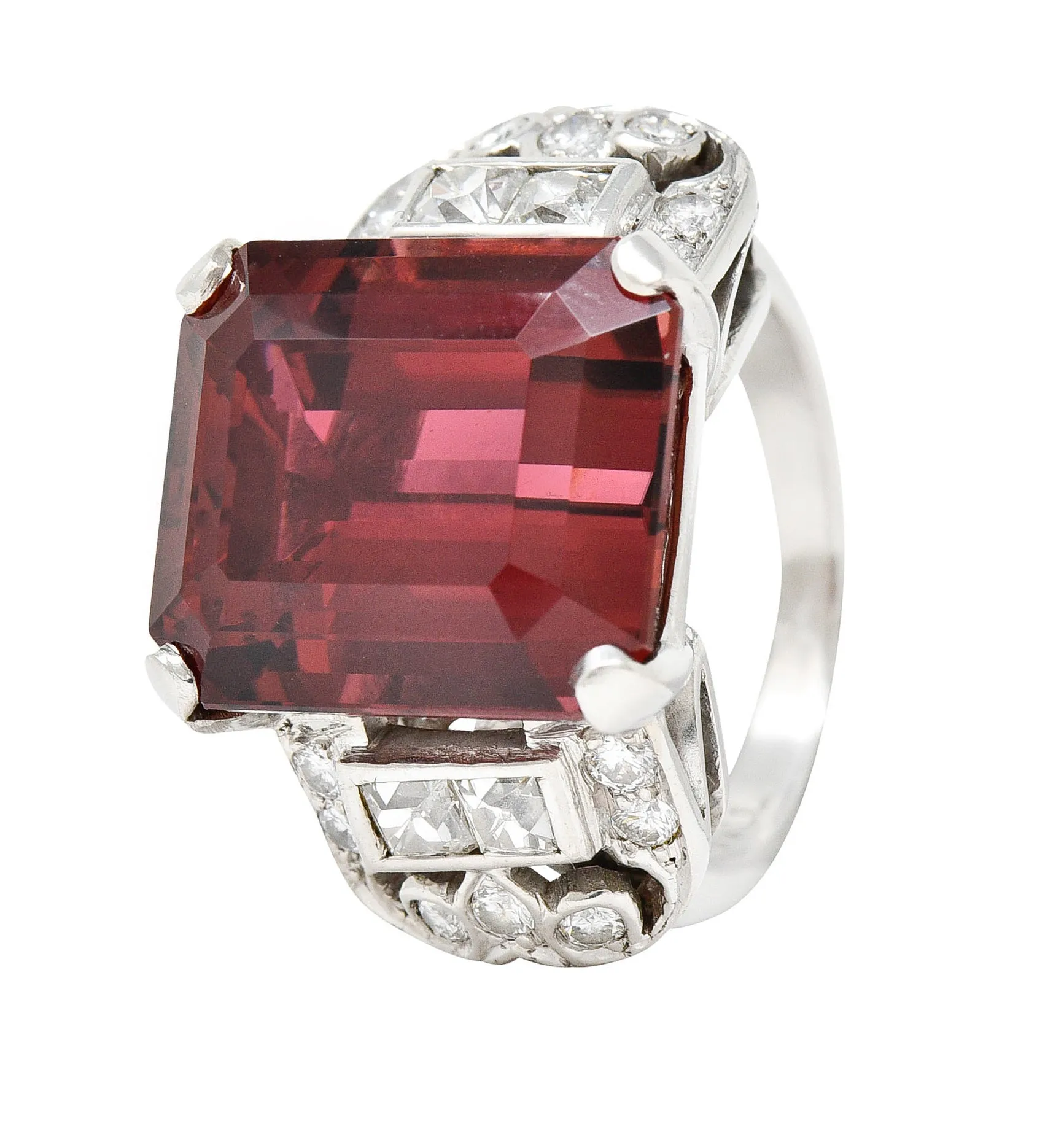 1950's Mid-Century Rubellite Diamond Palladium Cocktail Ring