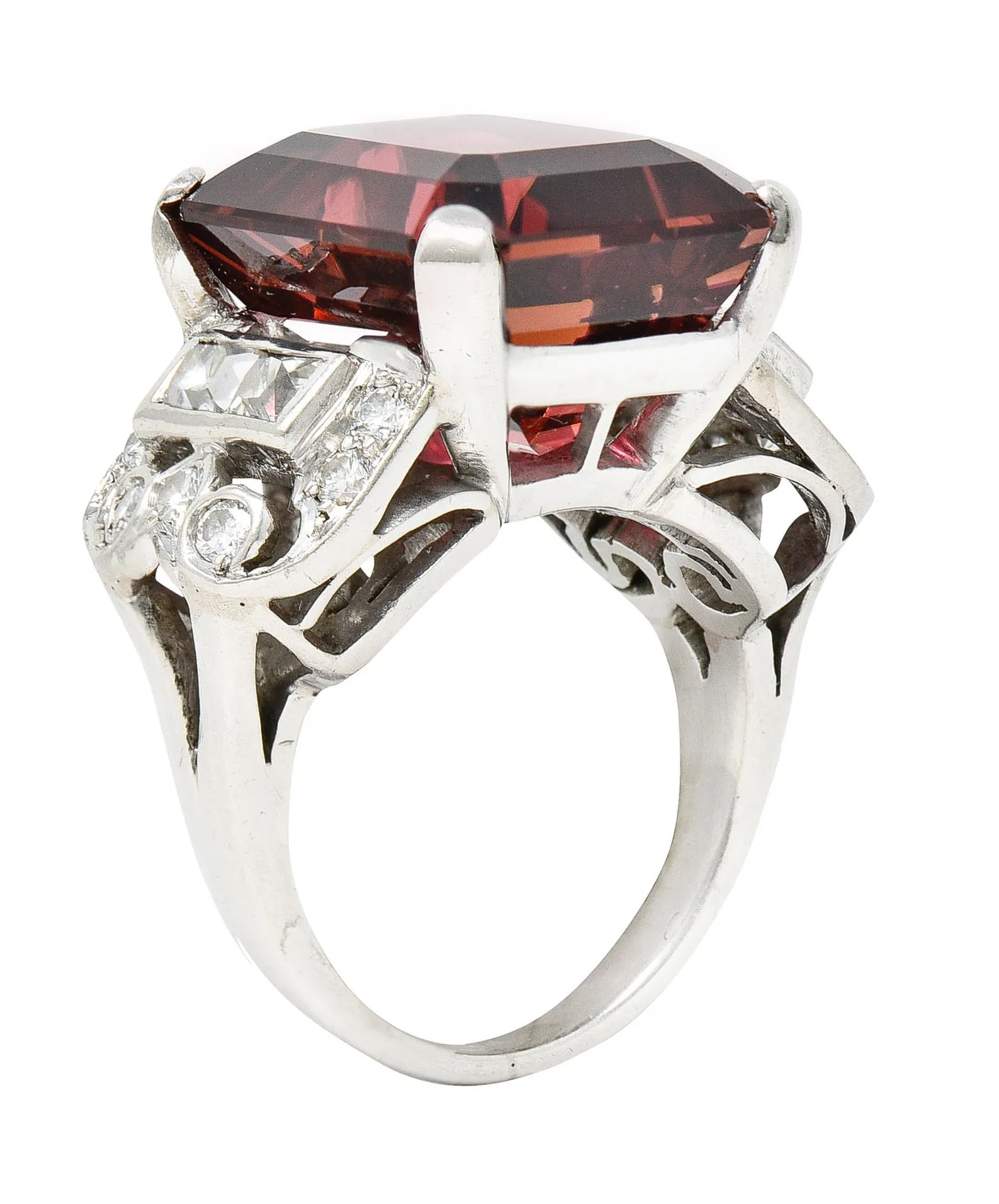 1950's Mid-Century Rubellite Diamond Palladium Cocktail Ring