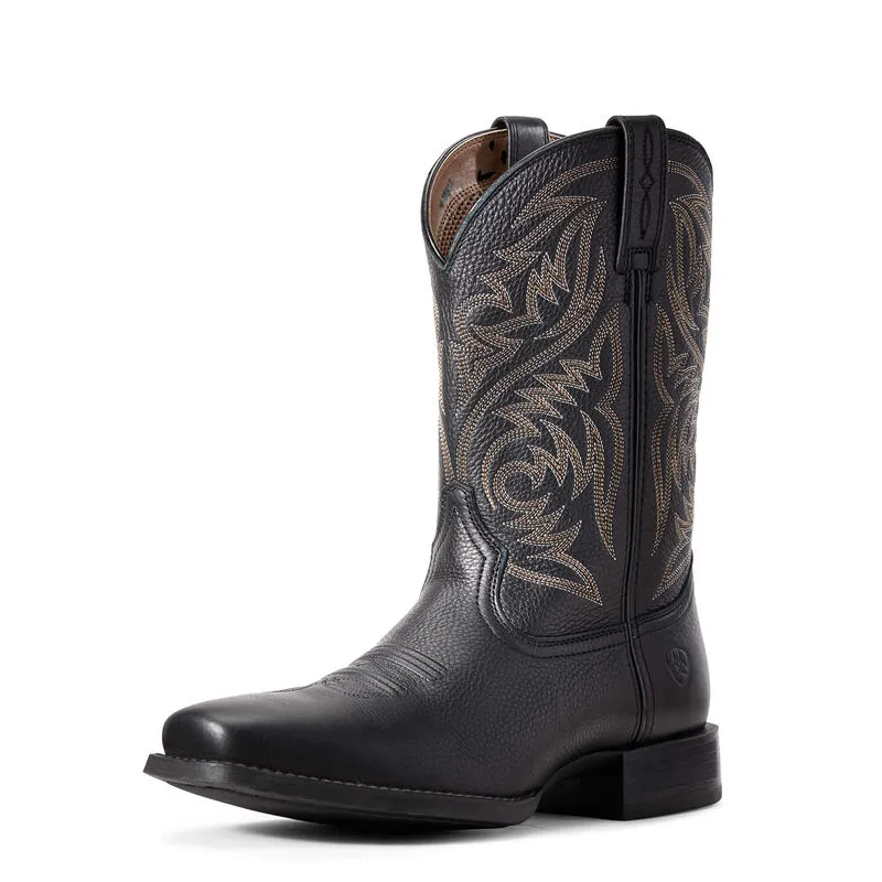 Ariat Mens Sport Herdsman Western Soft Toe Pull On Boots- Black Deertan