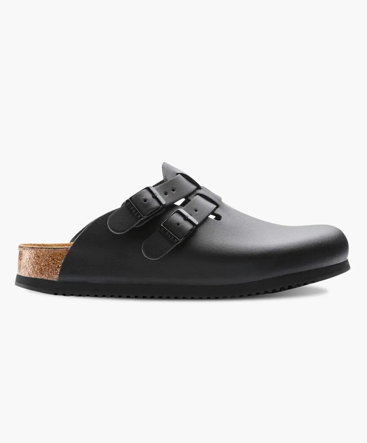 Birkenstock Kay Leather Black/Black Soft Footbed Supergrip Clogs