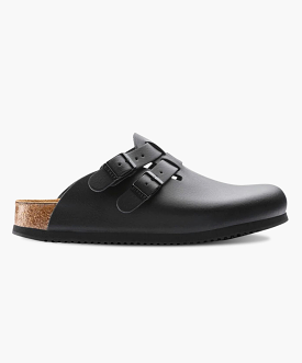 Birkenstock Kay Leather Black/Black Soft Footbed Supergrip Clogs