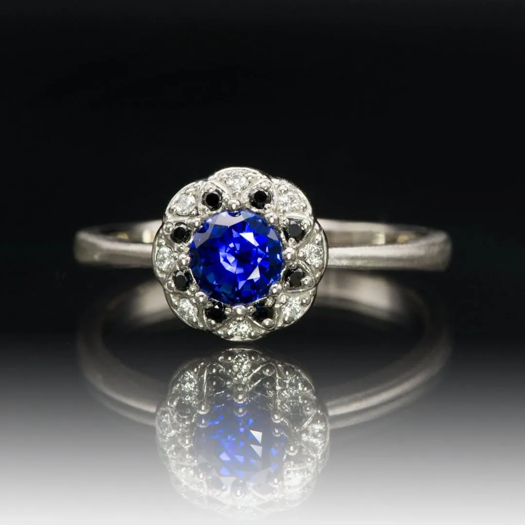 Chatham Blue Sapphire, Black & White Diamond Halo Palladium Engagement Ring, size 4 to 9