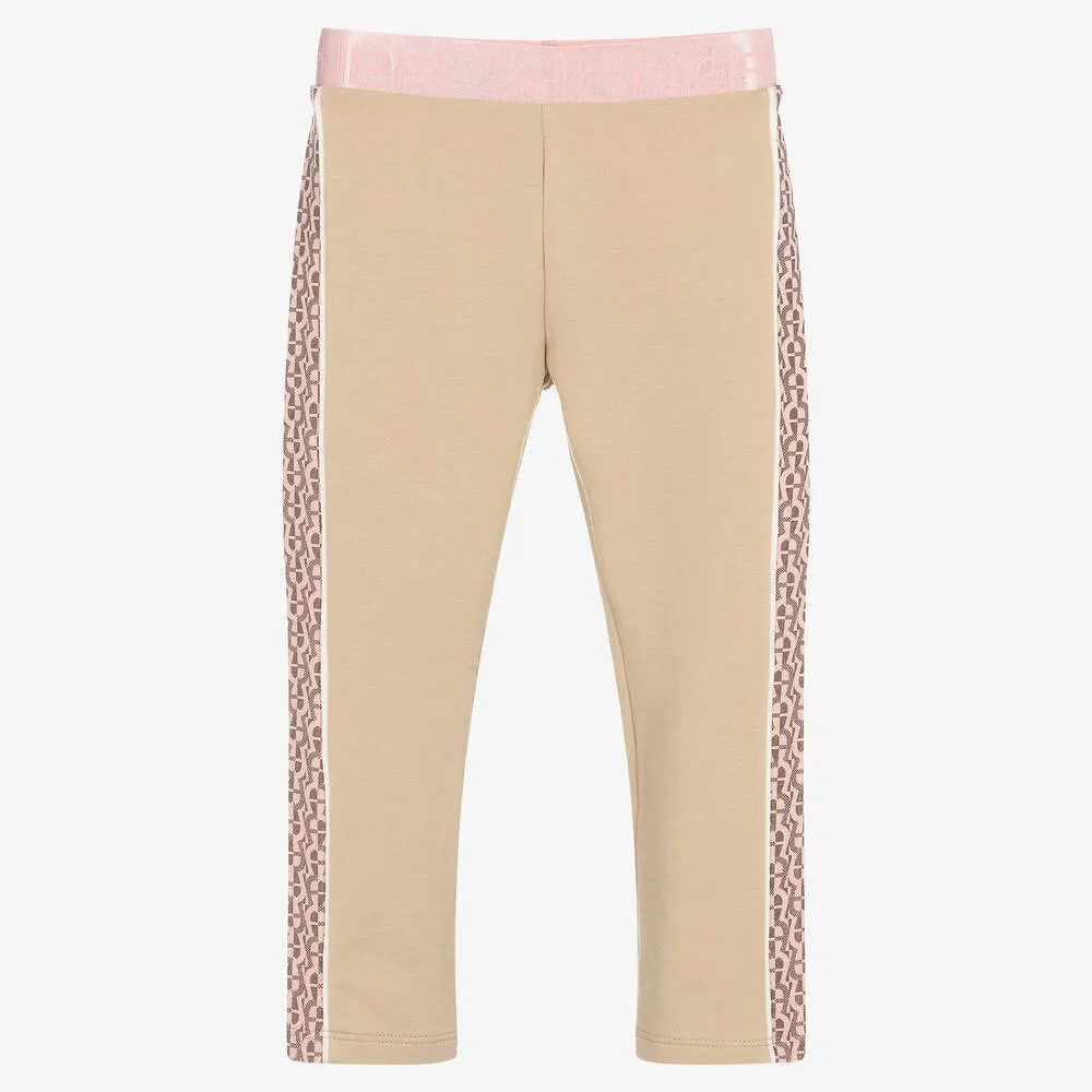 Girls Beige & Pink Logo Cotton Leggings