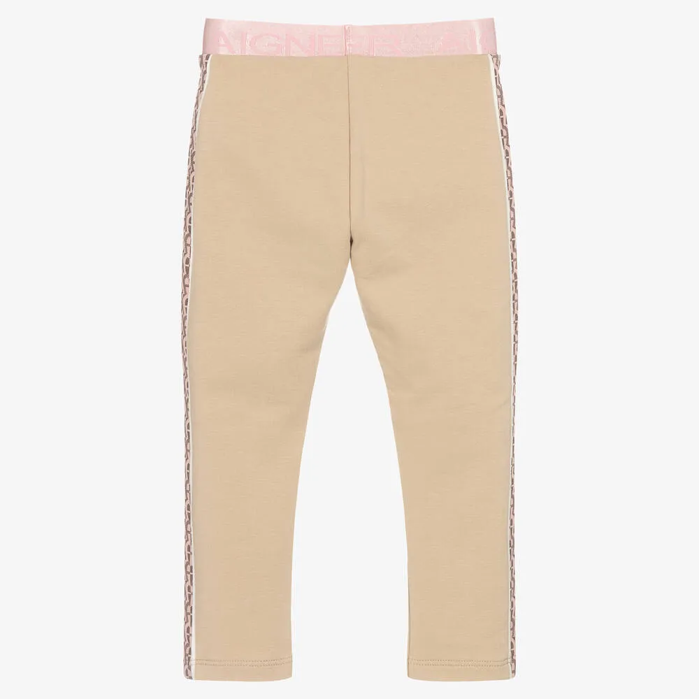 Girls Beige & Pink Logo Cotton Leggings