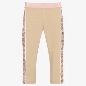 Girls Beige & Pink Logo Cotton Leggings