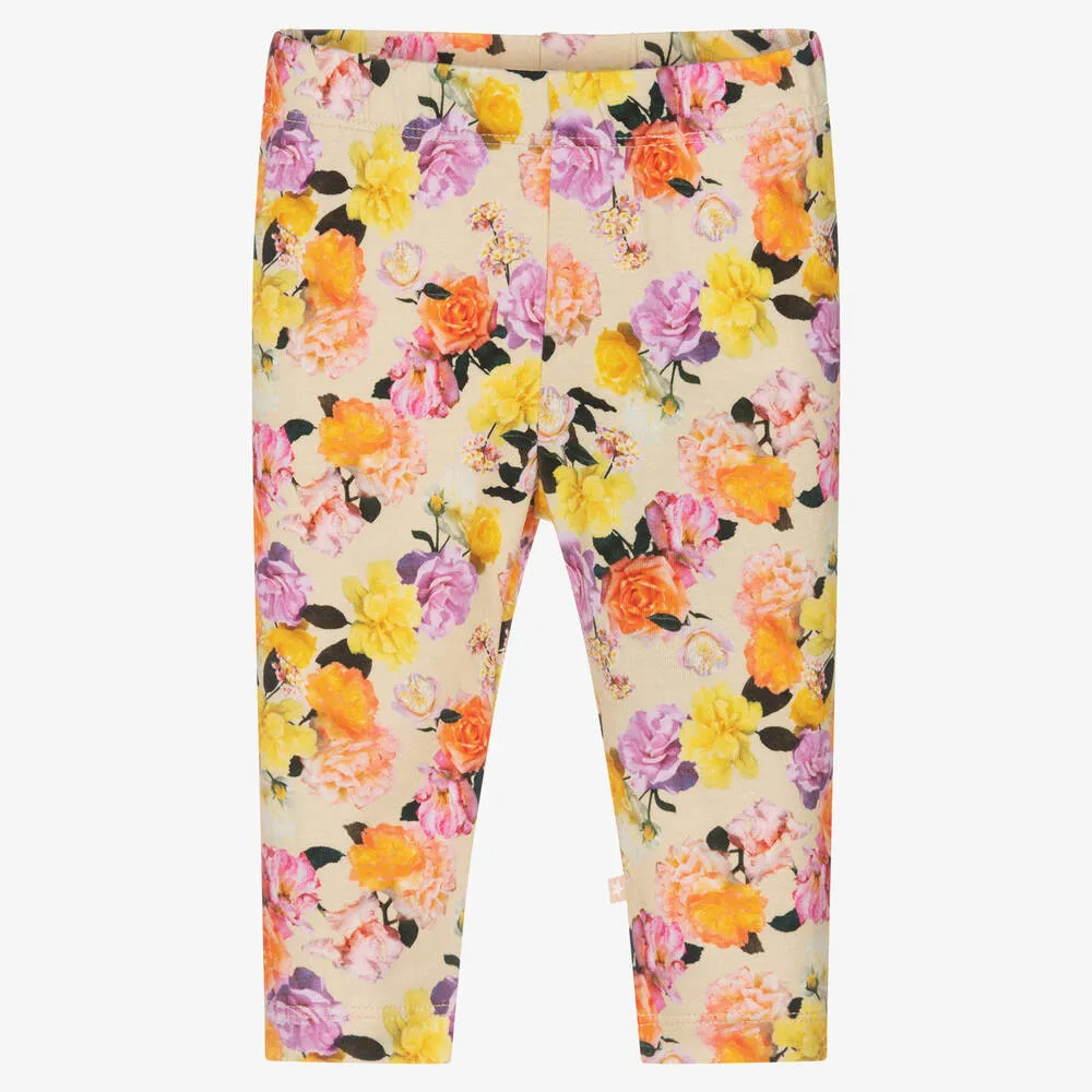 Girls Beige Floral Cotton Leggings