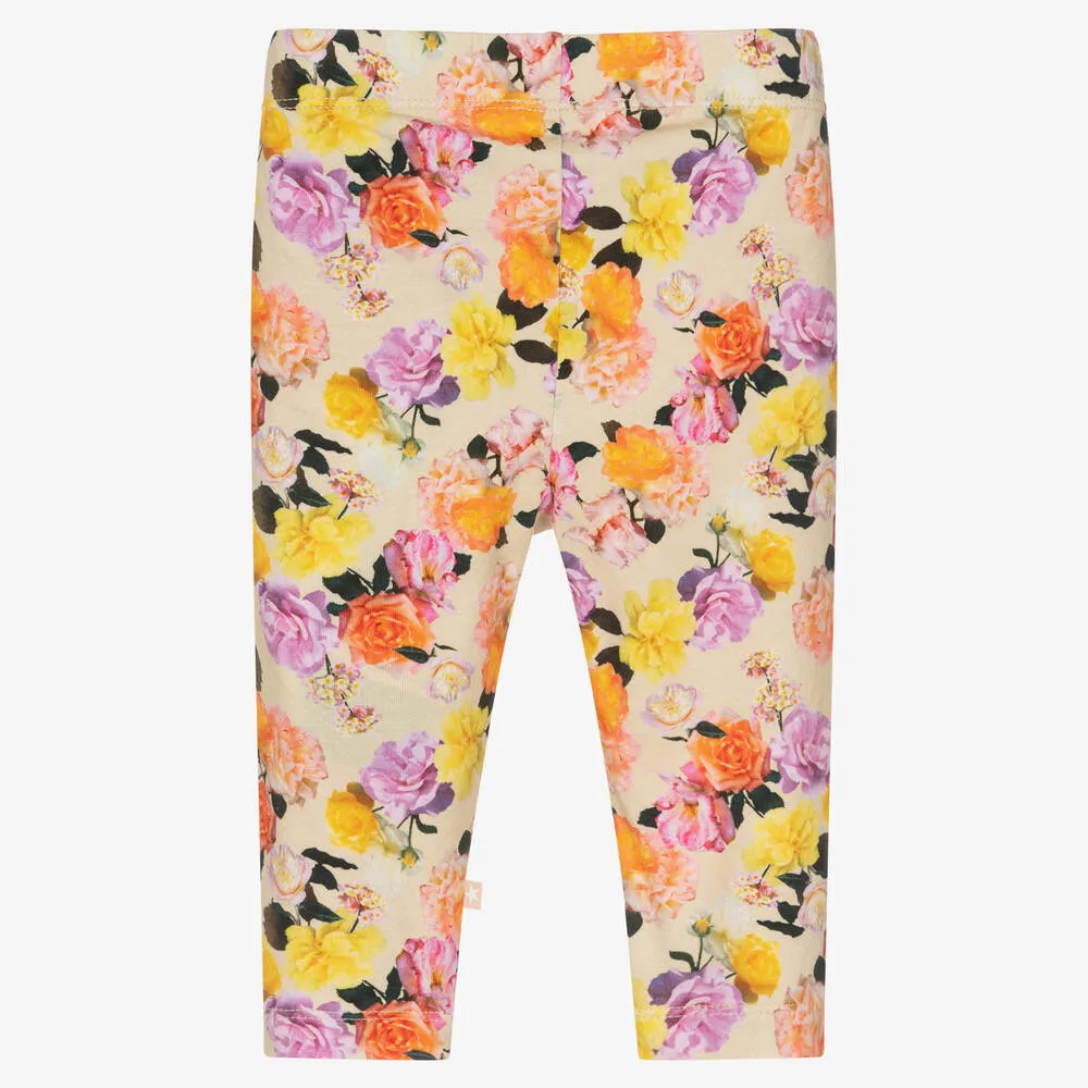 Girls Beige Floral Cotton Leggings