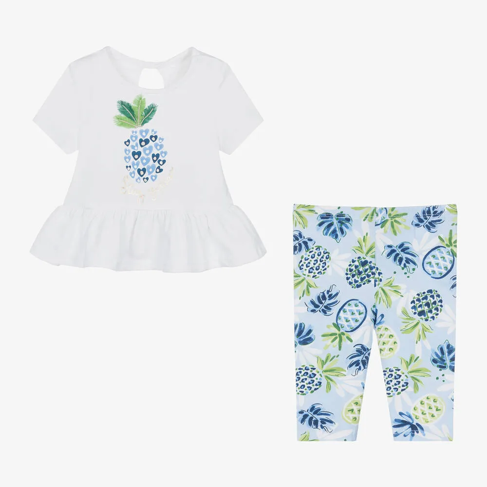 Girls Blue Pineapple Cotton Leggings Set