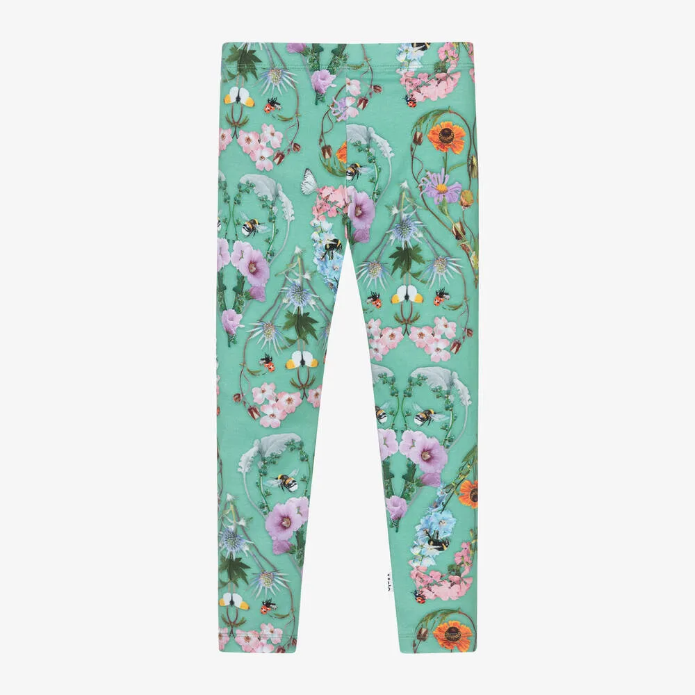 Girls Green Floral Cotton Leggings