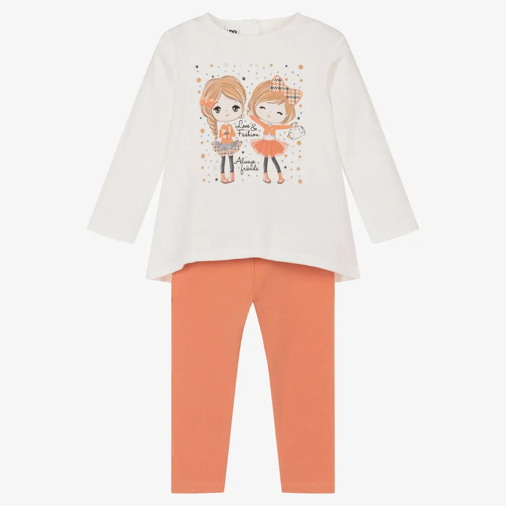 Girls Ivory & Orange Cotton Leggings Set