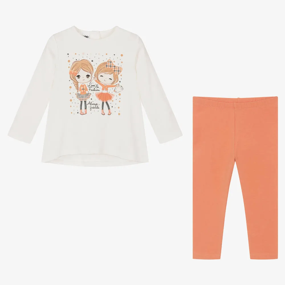 Girls Ivory & Orange Cotton Leggings Set