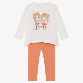 Girls Ivory & Orange Cotton Leggings Set