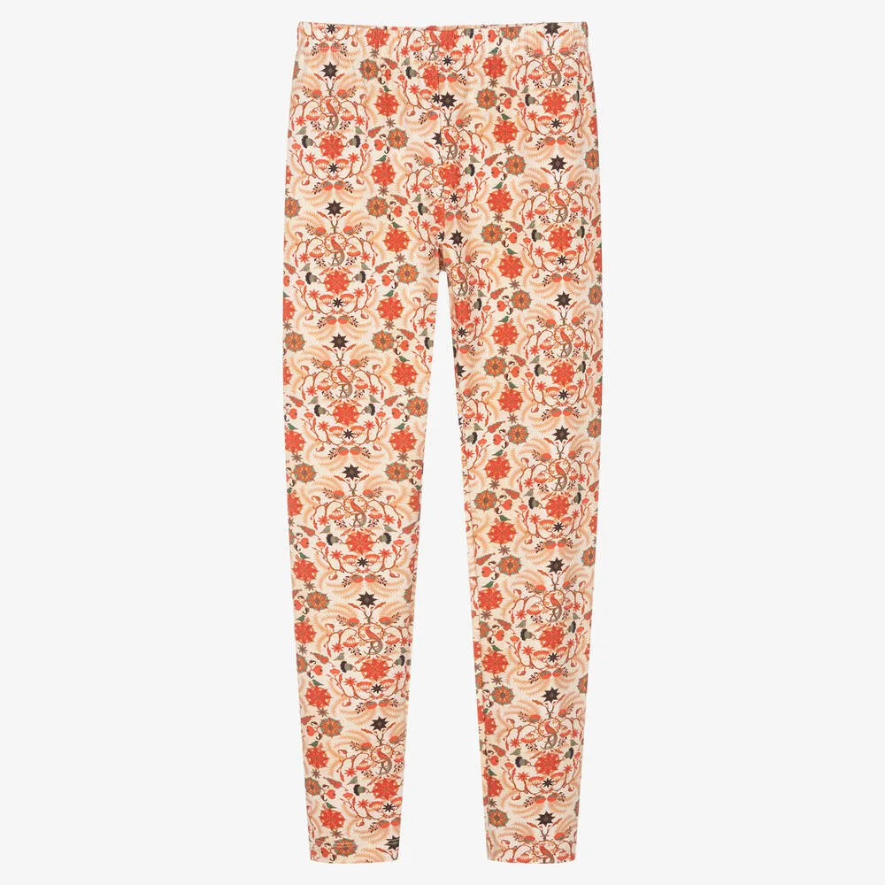 Girls Ivory & Orange Floral Cotton Leggings