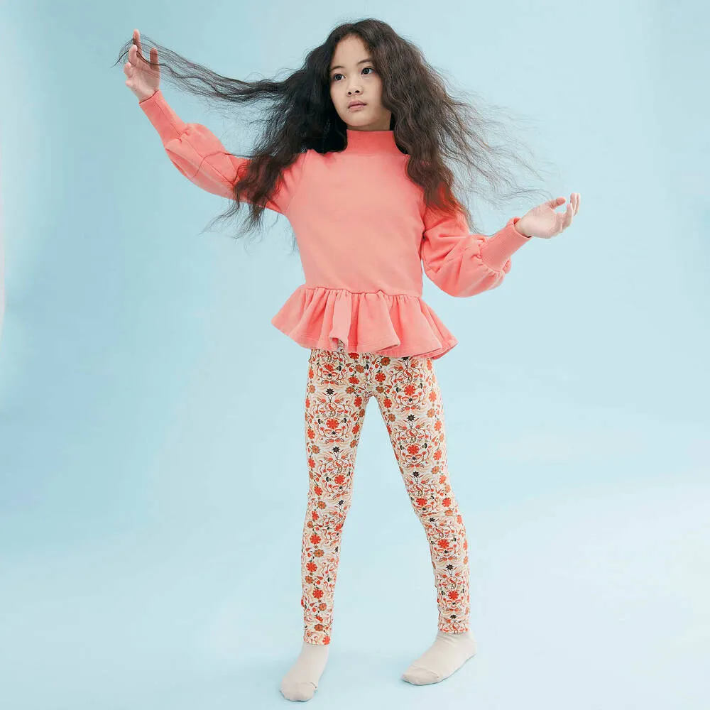 Girls Ivory & Orange Floral Cotton Leggings