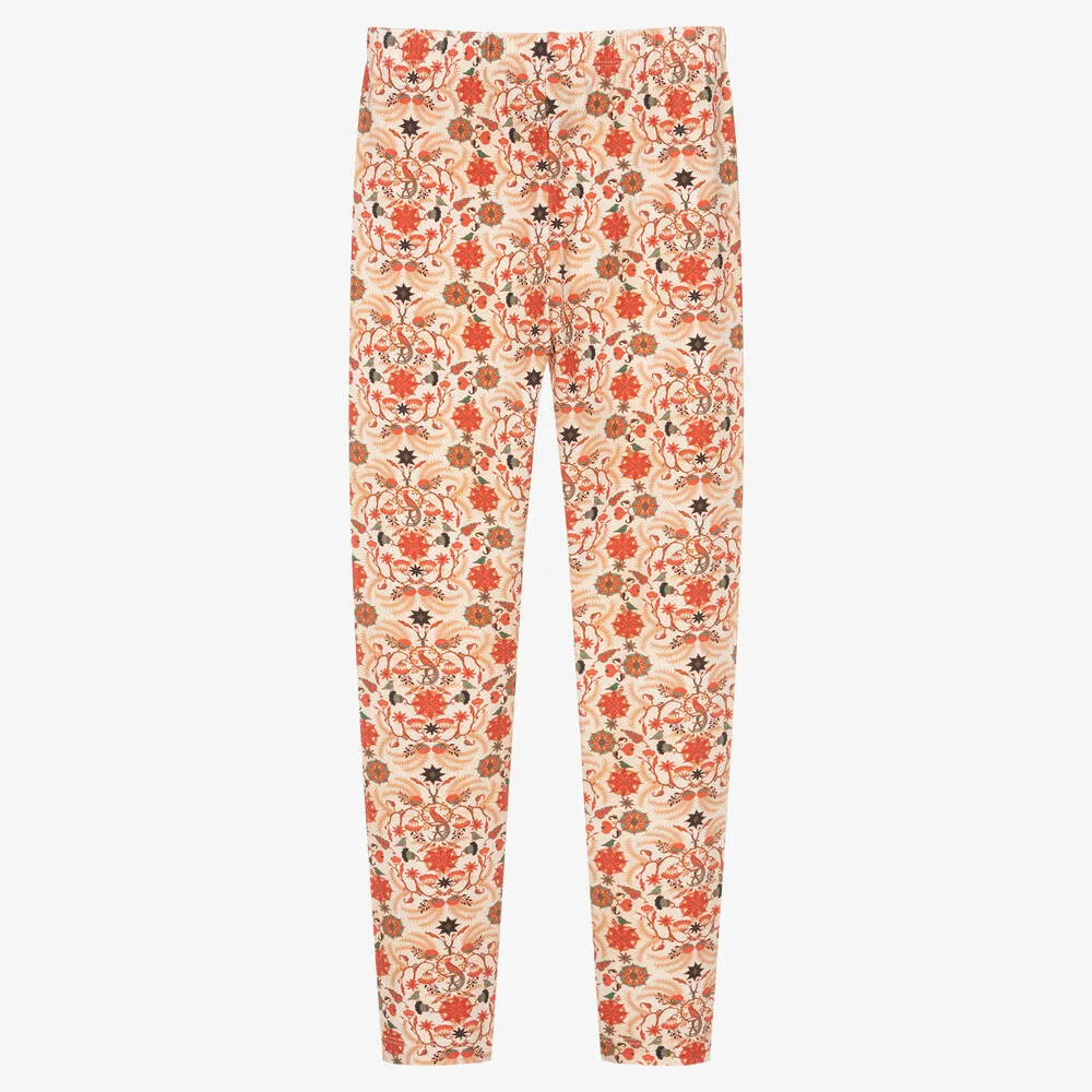 Girls Ivory & Orange Floral Cotton Leggings