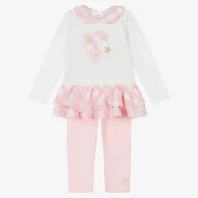 Girls Pink & White Cotton Leggings Set