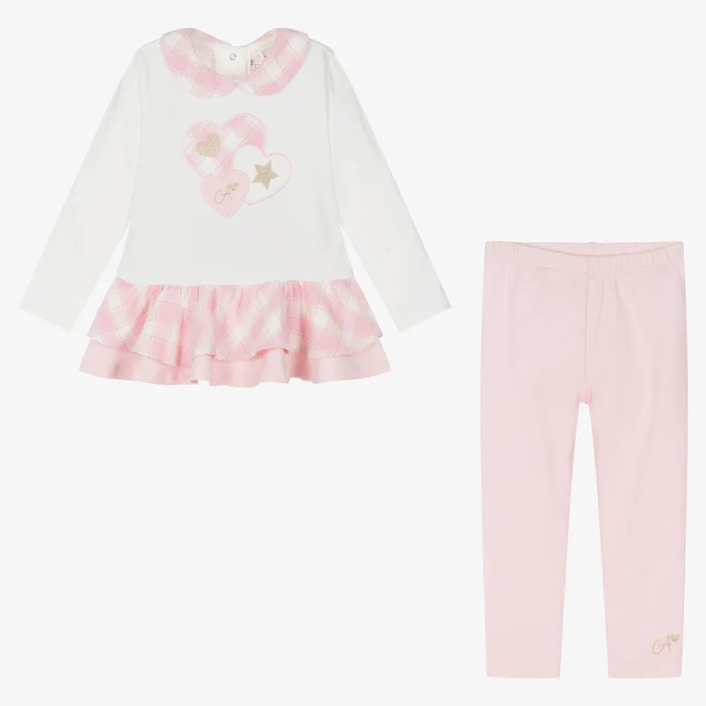 Girls Pink & White Cotton Leggings Set