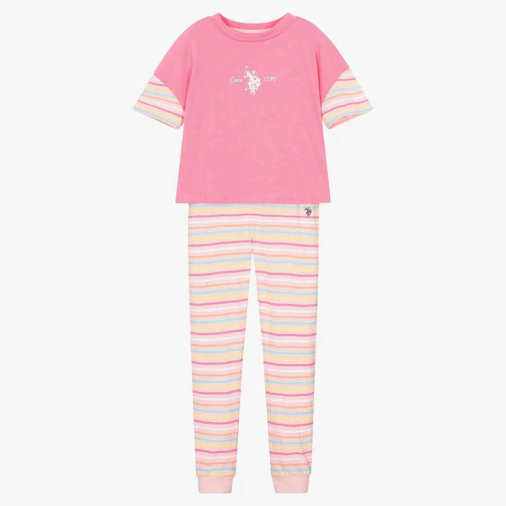 Girls Pink Striped Cotton Leggings Set