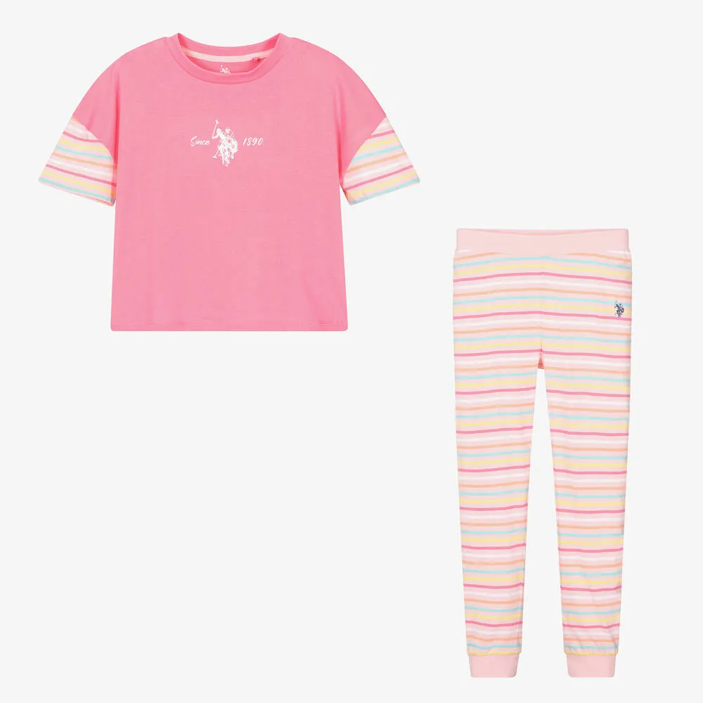 Girls Pink Striped Cotton Leggings Set