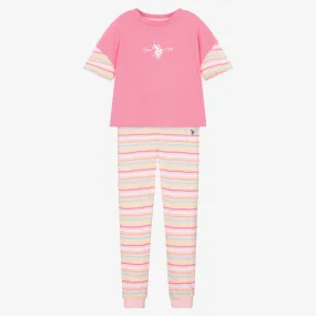 Girls Pink Striped Cotton Leggings Set