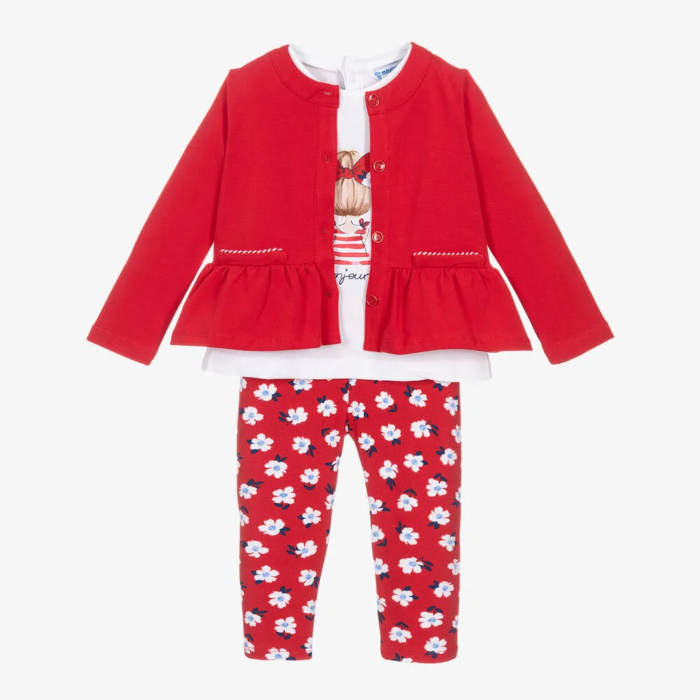 Girls Red Floral Cotton Leggings Set