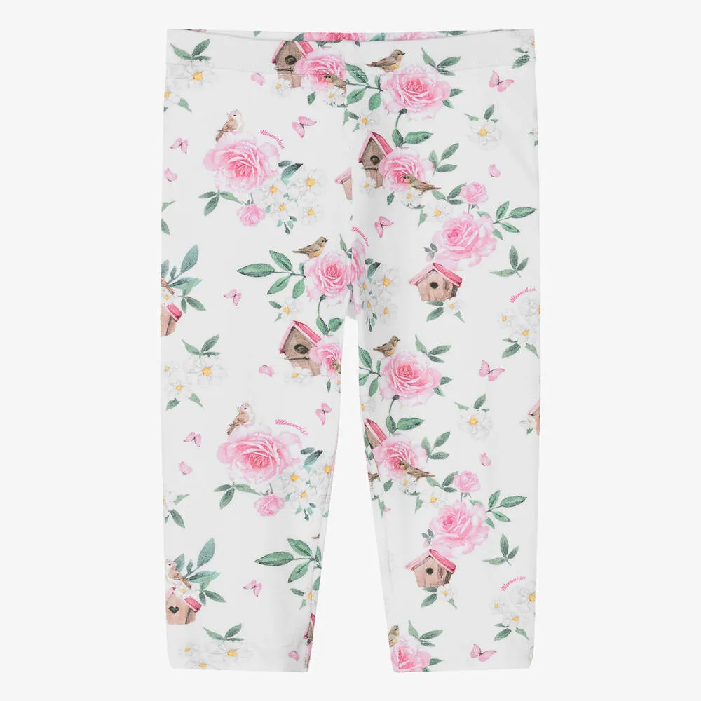 Girls White & Pink Floral Cotton Leggings