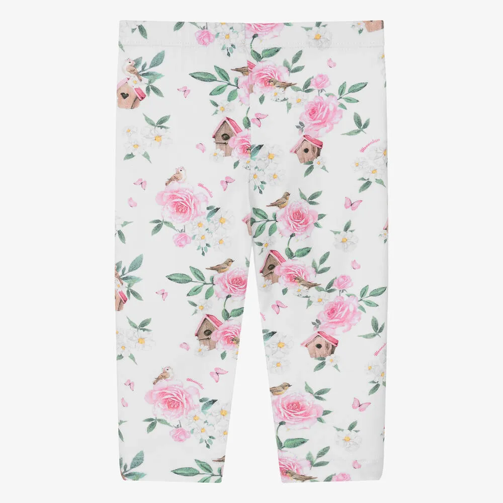 Girls White & Pink Floral Cotton Leggings