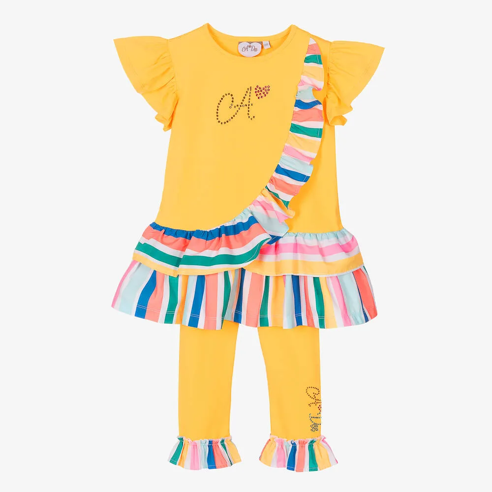 Girls Yellow Stripe Cotton Leggings Set