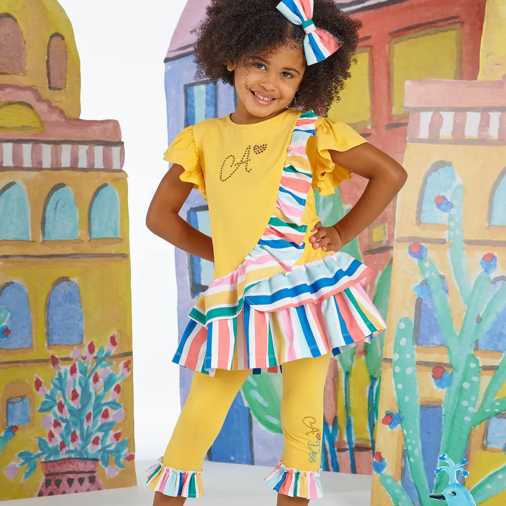 Girls Yellow Stripe Cotton Leggings Set