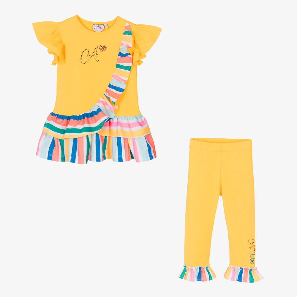 Girls Yellow Stripe Cotton Leggings Set