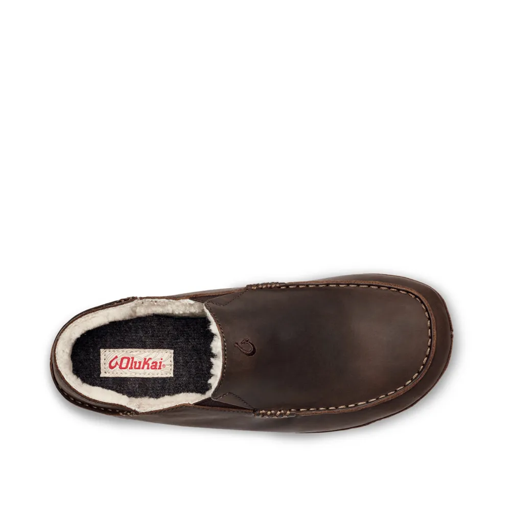 OluKai Men's Moloa Leather Shearling Lined Slipper in Dark Wood Brown