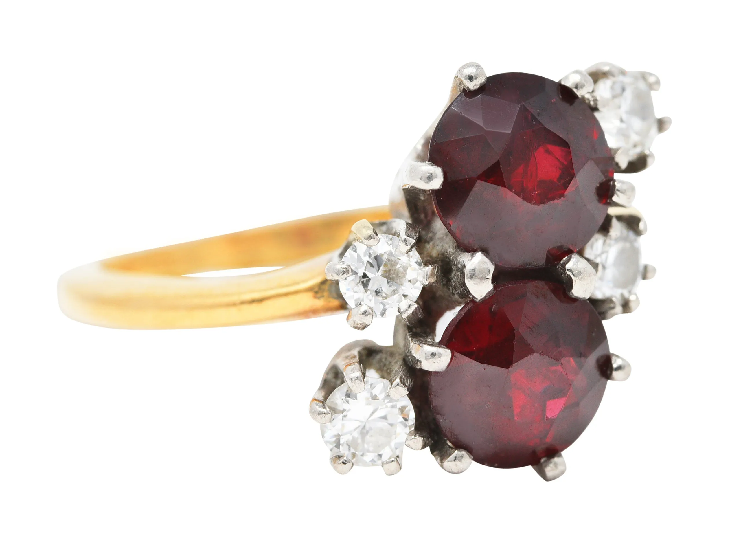 Retro Garnet Diamond Palladium 14 Karat Yellow Gold Cluster Toi Et Moi Vintage Ring