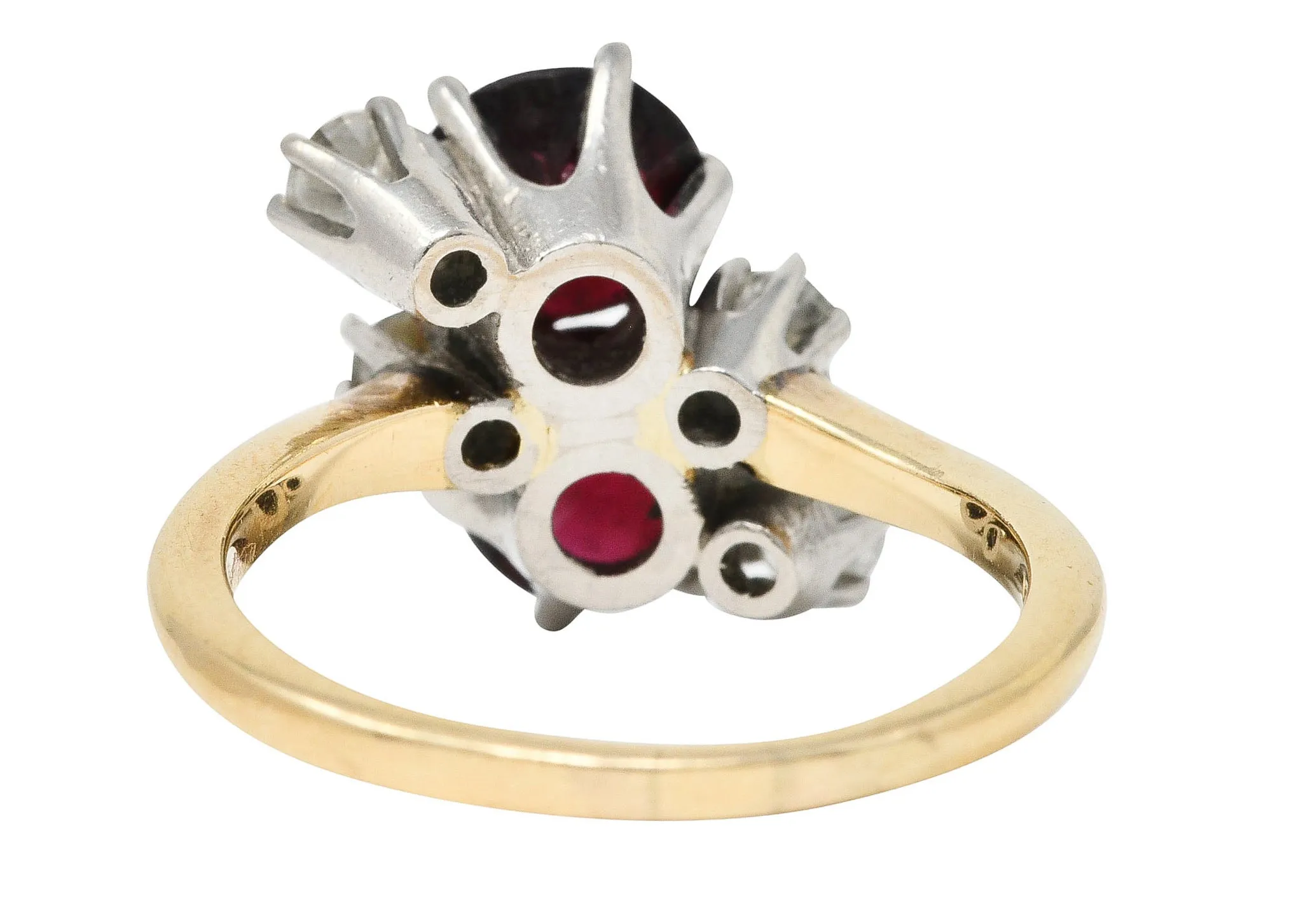 Retro Garnet Diamond Palladium 14 Karat Yellow Gold Cluster Toi Et Moi Vintage Ring