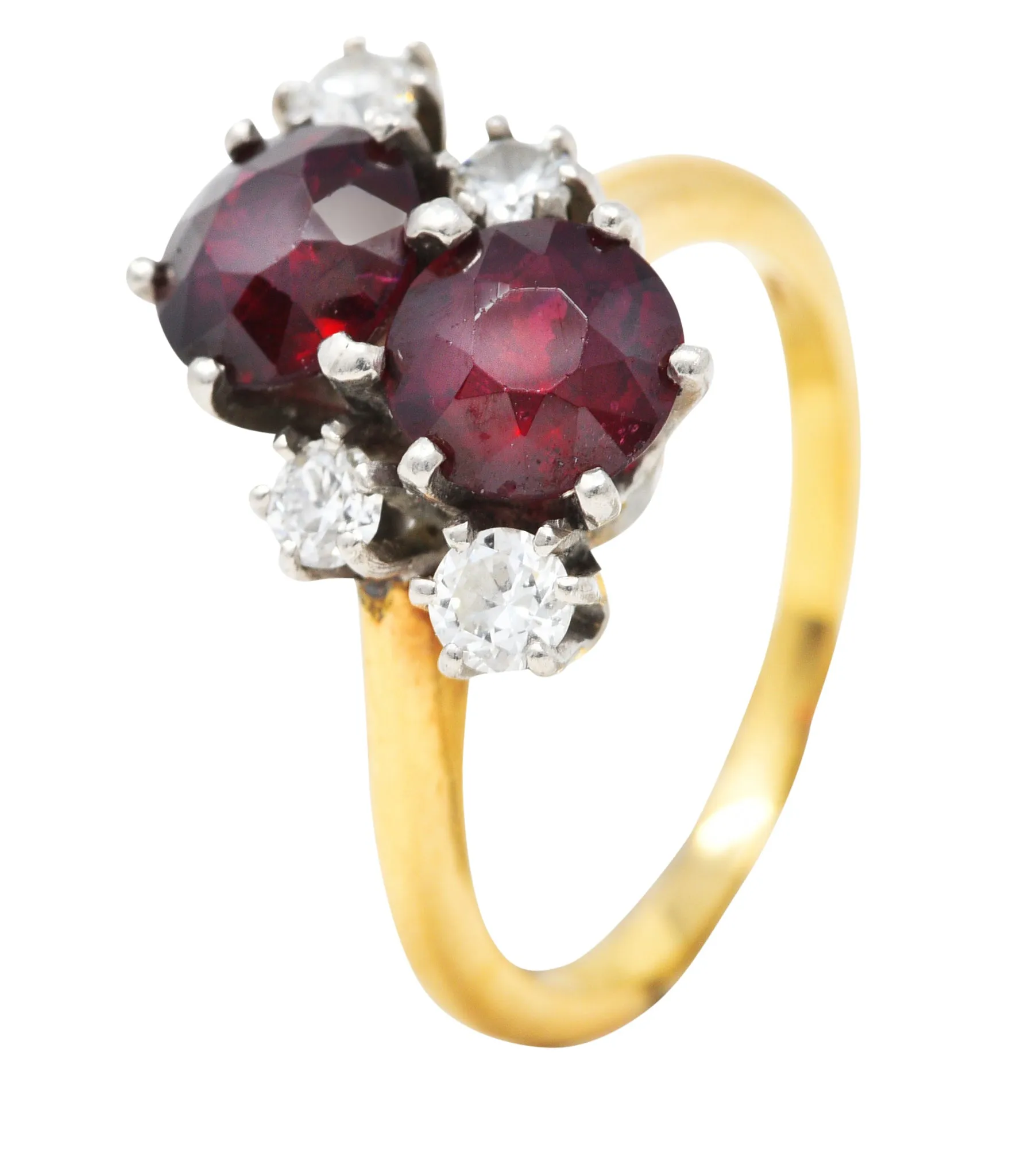 Retro Garnet Diamond Palladium 14 Karat Yellow Gold Cluster Toi Et Moi Vintage Ring