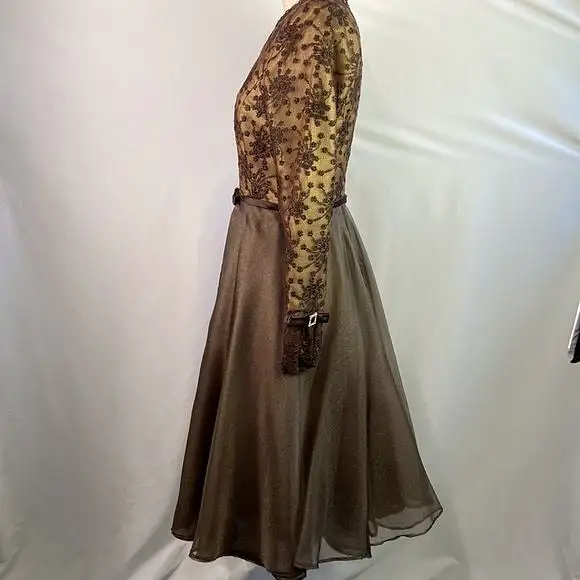 SaksFifthAvenue Prince Vintage Brown Metallic Embroidery Fit Flare Dress