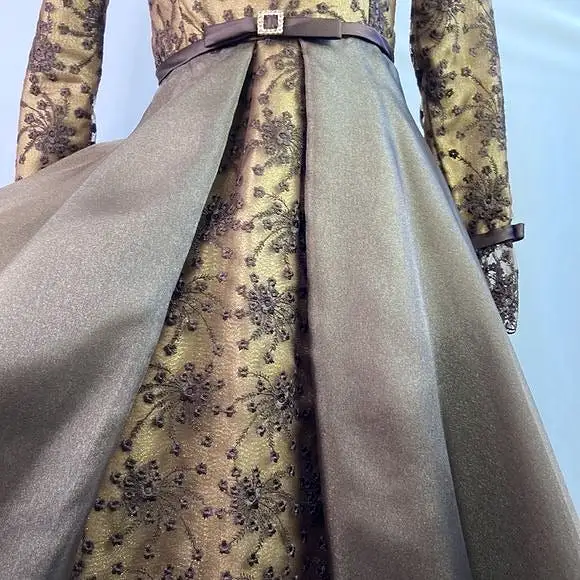 SaksFifthAvenue Prince Vintage Brown Metallic Embroidery Fit Flare Dress