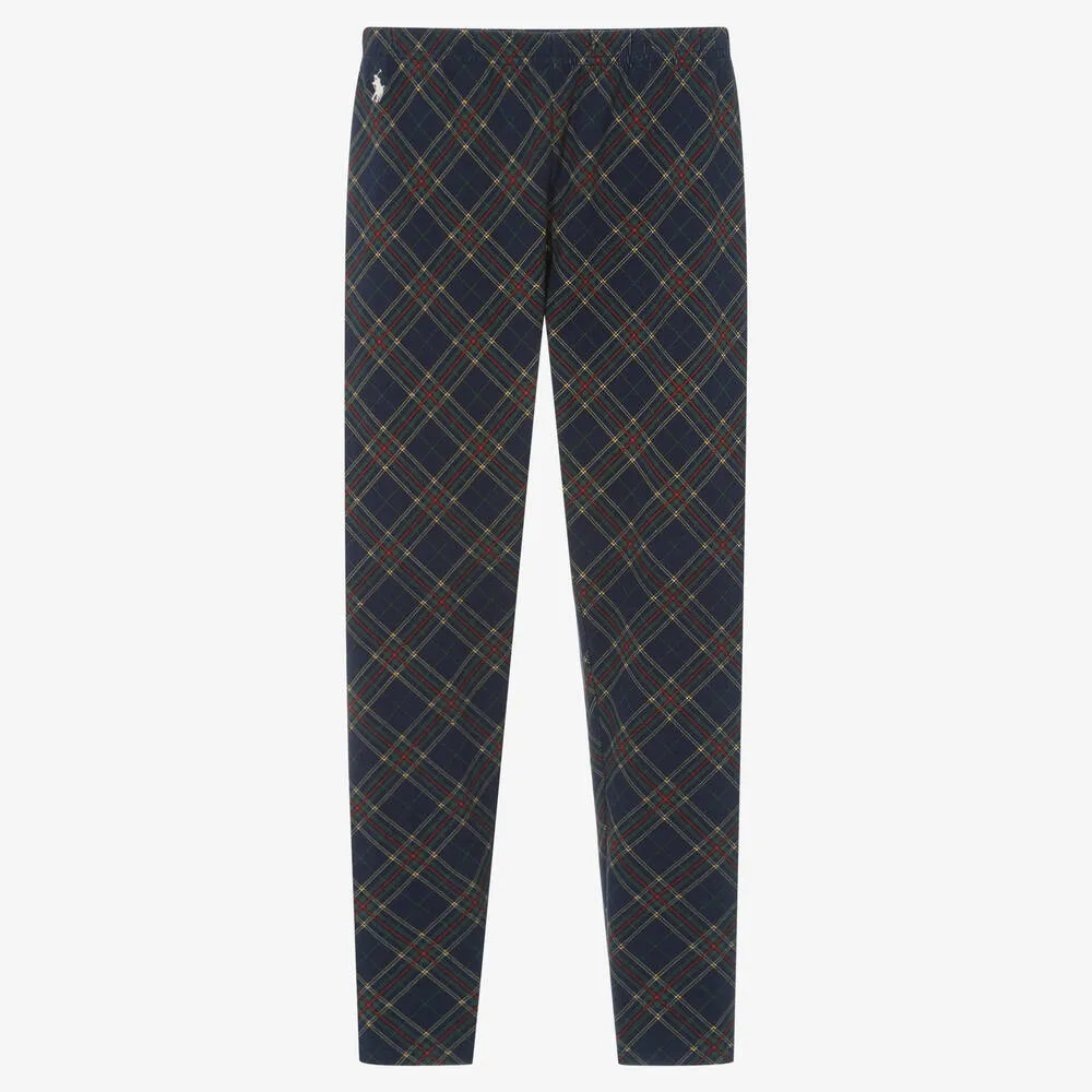 Teen Girls Blue Tartan Cotton Leggings